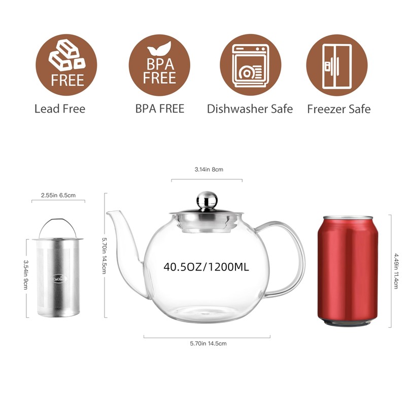 CNGLASS 40oz Glass Teapot with Removable Infuser,Clear Tea Kettle Stovetop
