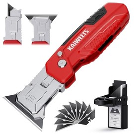 KAIWEETS Utility Knife Scraper, 2-in-1 Folding Box Cutter with Blade Storage, Heavy Duty Zinc Alloy Body, Retractable Design, 12pcs SK2 Black Blades replacement, EDC Tool for Home, Office, DIY– Red
