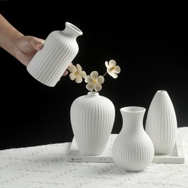 Parlamain 6'' White Ceramic Ribbed Bud Vase in Bulk, Set of 6 Small Pampas Grass Flower Vase for Modern Farmhouse, Boho Home Decor, Living Room, Vintage Wedding Centerpiece, Table Decoration, Shelf