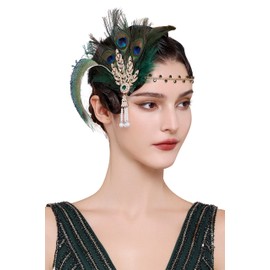 BABEYOND Art Deco 1920's Flapper Great Inspired Leaf Medallion Pearl Headband Black Feather