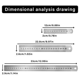 3 Stainless Steel Rulers, Rulers, 10, 20, 30 cm (4, 8, 12 Inch) Measuring Tools, Suitable for Office, School, Home Study