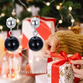 925 Sterling Silver 8 mm Beaded Round Ball Dangle Earrings Birthstone Jewellery Gifts for Women, Sterling Silver, Onyx