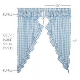 VHC Annie Buffalo Blue Check Ruffled PRAIRIE SHORT PANEL CURTAIN SET 63" Long