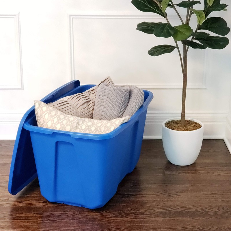 Homz Plastic Storage Tote with Lid, 32 Gallon, Blue, Stackable,