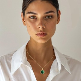 14K Gold Plated Malachite Necklace - 14mm Round Gemstone Pendant - 50cm Cable Chain - Natural Stone Necklaces for Women - Malachite Jewelry Perfect Gift for Women