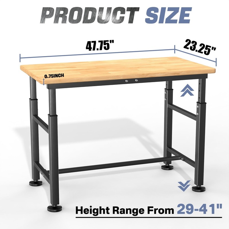 WALMANN Heavy Duty Adjustable Height Workbench 47.75" x 23.25", Rubber