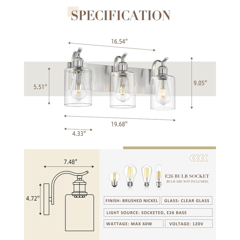 JAZAVA 3-Light Bathroom Vanity Light, Brushed Nickel Wall Sconce, Modern