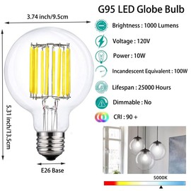 ZYYRSS LED Bulbs 100 Watt Equivalent, 10W G95 LED Globe Bulbs, Antique Vintage Light Bulbs, E26 LED Edison Light Bulb 1000LM, 5000K Daylight White, CRI 90+, E26 Standard Base, Non-Dimmable