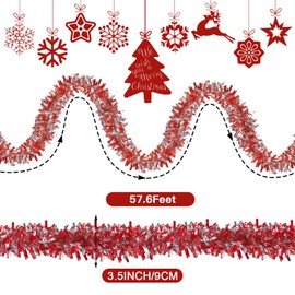 57.6 Feet Christmas Tinsel Garland Christmas Tree Decorations Christmas Garland Ornament Glitter Tinsel Twist Garland Metallic Streamer Outdoor Hanging Garland for Wedding Birthday(Silver, Red)