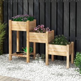 Giantex Raised Garden Bed Set of 3, Wood Planter Box with Storage Shelf, Elevated Raised Beds for Fruit Vegetable Flower Herb, Outdoor Freestanding Gardening Container for Patio Lawn