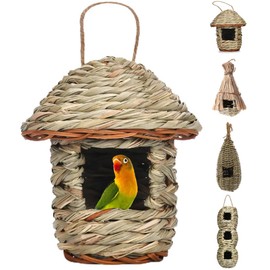 Qttie Hand-Woven Teardrop Shaped Eco-Friendly Birds Cages Nest Roosting,Grass Bird Hut,Hanging Bird House,Cozy Resting Place,100% Natural Fiber,Provides shelter from Cold Weather (Treehouse Shape)