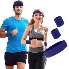 Sweatband Wrist, Sweatband Headband, Fitness Sweatband, Dark Blue (Pack of 3) Sports Towel Set Sports Headband & Bracelet Set (1 Headband and 2 Bracelets) Sports Towel for Men and Women