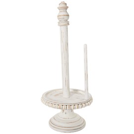 Mud Pie 47100002 Farmhouse Washed Beaded Wood Pedestal Paper Towel Holder, 16" x 6" Dia, White, Grey