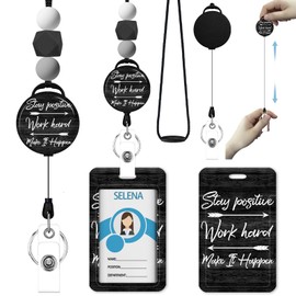Icycay Inspirational Quote ID Badge Holder with Silicone Beaded Lanyard Badge Reel Retractable Clip, Positive Teacher Lanyard Retractable Name Tag Work Office Supplies for Men Women Teacher Gifts