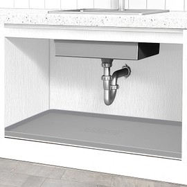 Under Sink Mat for Kitchen Waterproof, 34" x 22" Silicone Under Sink Liner Kitchen & Bathroom Cabinet Protector Mats, Heavy Duty Flexible Under Sink Drip Tray with Lip, Cool Grey