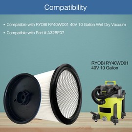2-Pack Replacement HEPA Filter Compatible with RYOBI RY40WD01, 40V 10 Gallon Wet Dry Vacuum Cleaner, Large Cartridge Filter for Part # A32RF07