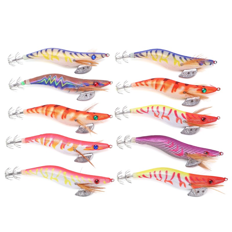 10Pcs Hard Bait Squid Jig Fishing Lure Octopus Wooden Shrimp
