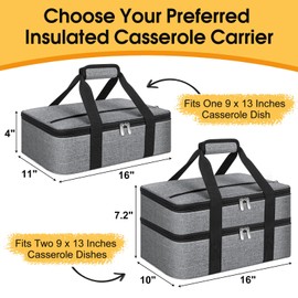 MIAOJIE Double Insulated Casserole Carrier, Portable Casserole Carrier for Hot or Cold Food Lunch Tote Warmer or Cooler Bag, Lasagna Lunch Bag for Potluck Parties- Fits 9" x 13" Baking Dish-Grey