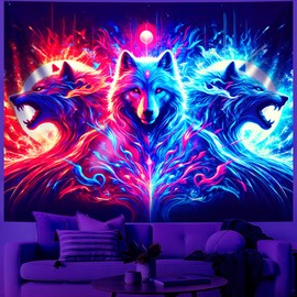 BVBOX Blacklight Tapestry,Animal Tapestry Glow In The Dark,UV Reactive Black Light Upright Posters Wall Hanging for Bedroom Dorm Living Room Backdrop Decor (Wolf, 59L x 51W)