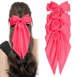 3PCS Bright Red Large Hair Bows for Women Oversized Long Tail Bow Hair Clips Satin Ribbon Bow Hair Valentine's Barrettes Ponytail Holder Vintage Christmas Date Hair Accessories for Girls Teens