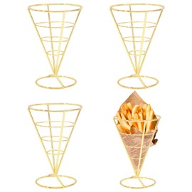 CHGCRAFT 4 Pcs French Fries Stand Cone Basket Fry Holder Iron Cone Holders Reusable Snack Basket for Home Party Kitchen Restaurant Cafe Table Serving, Gold, 148×101×132mm
