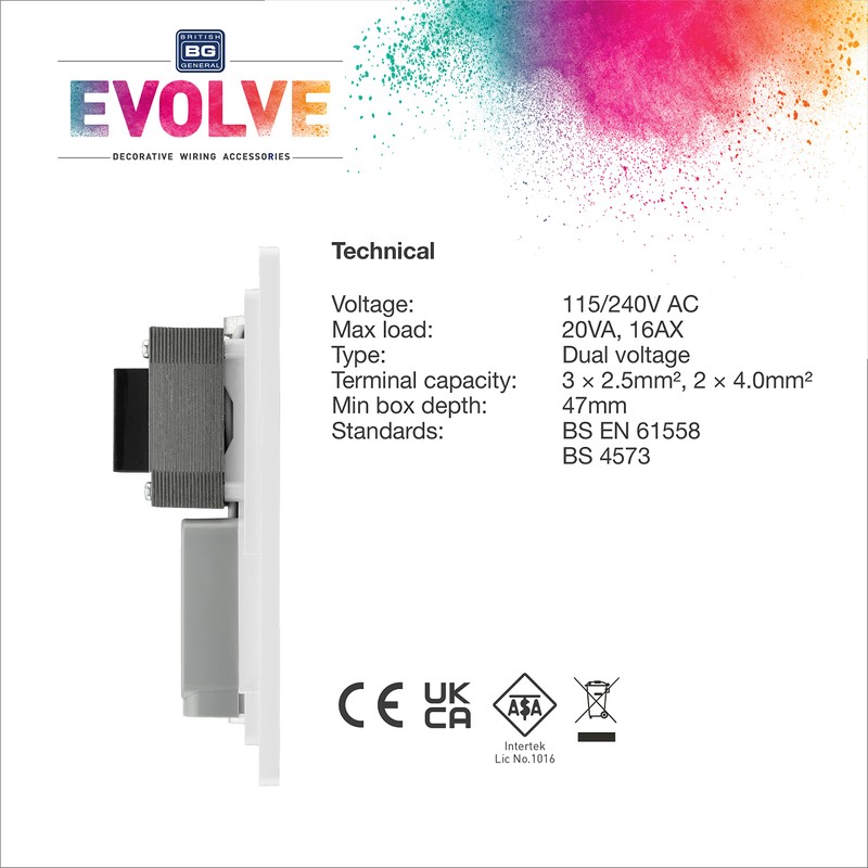 BG Electrical Evolve Dual Voltage Shaver Socket, 115/240V