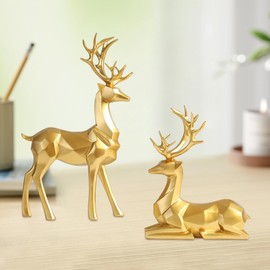 Lotvic Reindeer Christmas Decorations, 2 PCS Gold Christmas Reindeer Figurines, Christmas Ornaments for Shelf Desk Fireplace Window, Christmas Reindeer Ornaments for Home Living Room Office Decoration