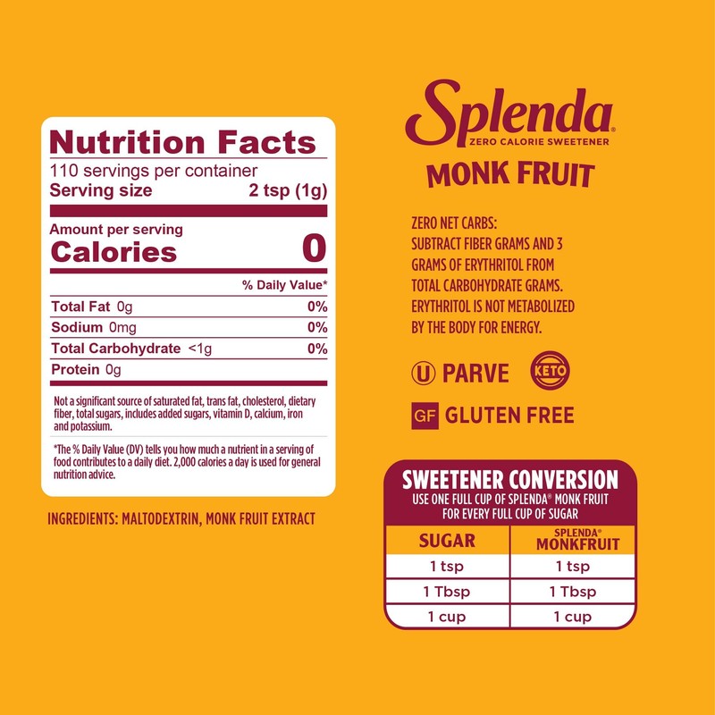 Splenda Monk Fruit Zero Calorie Plant Based Granulated Sweetener, No