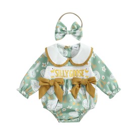Baby Girl Silly Goose Romper Long Sleeve Doll Collar Smocked Bow Bubble Bodysuit Headband First Birthday Outfit Clothes 0-18M (Green, 12-18 Months)