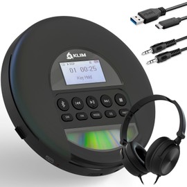 KLIM Nomad with Headset - New Version - Portable CD Player Walkman with Long-Lasting Battery - Radio FM - Compatible MP3 CD Player Portable - TF Card Radio FM Bluetooth - Ideal for Cars - Black