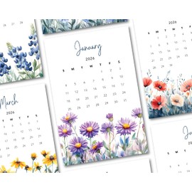 2026 Monthly Office Desk Calendar - Wildflowers - Watercolor Style - Annual 12 Month - 4” x 6” Cards – Calendar Card Refill