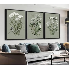 Large Flowers Canvas Wall Art - Wood Framed Wall Pictures Aesthetic Botanical Spring Plants Paintings Sage Green Artwork Prints for Living Room Bedroom Office Home Decor 24" X 36" X 3 Panels