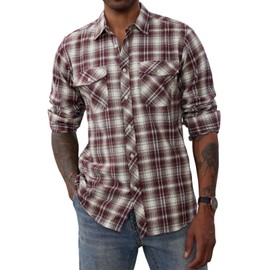 PJ PAUL JONES Mens Casual Button Down Shirts Flannel Plaid Cotton Regular Fit Long Sleeve Shirts Red White Large