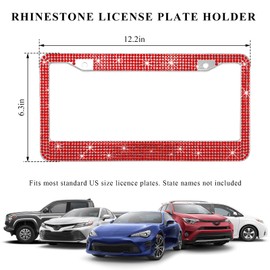 NYTKL Bling Car License Plate Frame, Handcrafted Crystal Car Tag Frame with Sparkly Screw Caps, Shiny Rhinestone Stainless Steel Licence Plate Holder Decor for Women Girls (Red)