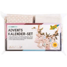 folia 64121 Advent Calendar Set, Basic with Motif Print, Approx. 10 x 13 cm, 24 Natural-Coloured Fabric Bags, Made of Cotton and Polyester, Includes Pendant and Yarn