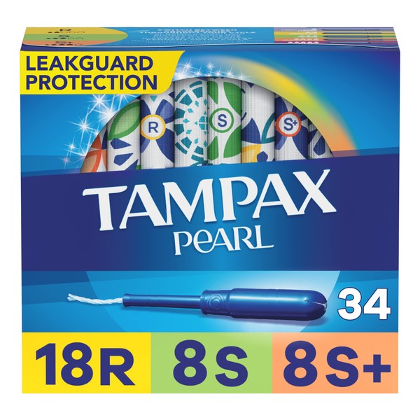 Tampax Pearl Tampons Multipack, Regular/Super/Super Plus Absorbency, With Leakguard Braid, Unscented, 34 Count X 3 Packs (102 Count Total)