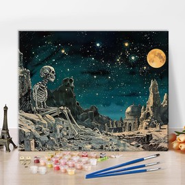 TUMOVO Paint by Numbers for Adults - DIY Adult Paint by Number Kits Painting on Canvas Skeleton Sitting on Mountain Painting by Numbers for Beginners, Skeleton Art Craft Kits for Adults (16x20 Inch)