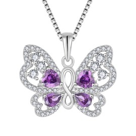 PYNZY Butterfly Pendant Necklace for Women 925 Sterling Silver Created Amethyst Birthstone Butterfly Pendant for Jewelry Gifts