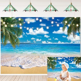 Hawaiian Beach Ocean Backdrop Summer Tropical Palm Tree Blue Sky Sea Seaside Photography Background Aloha Luau Holiday Birthday Party Decorations Background (7X5FT (210x150cm))