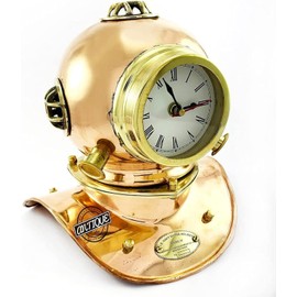 Antique Vibes Vintage Table Clock Brass Handmade Maritime Scuba Dive Helmet Nautical Shelf Boat Clocks Home Collectible Decor