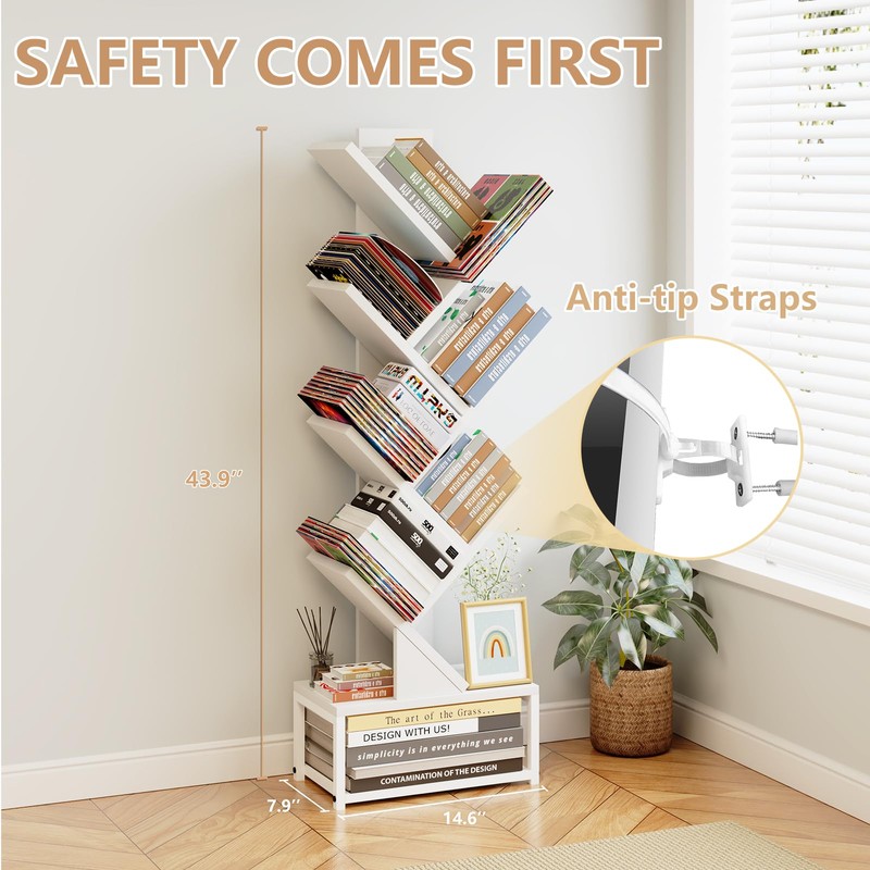 EasyCom Tree Bookshelf Metal Base, 7 Tier Bookcase Storage, Floor