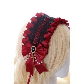 C-04-7 Dark Red Maid Lolita Headband with Bow Pearl Necklace Gothic Hair Accessories Headband