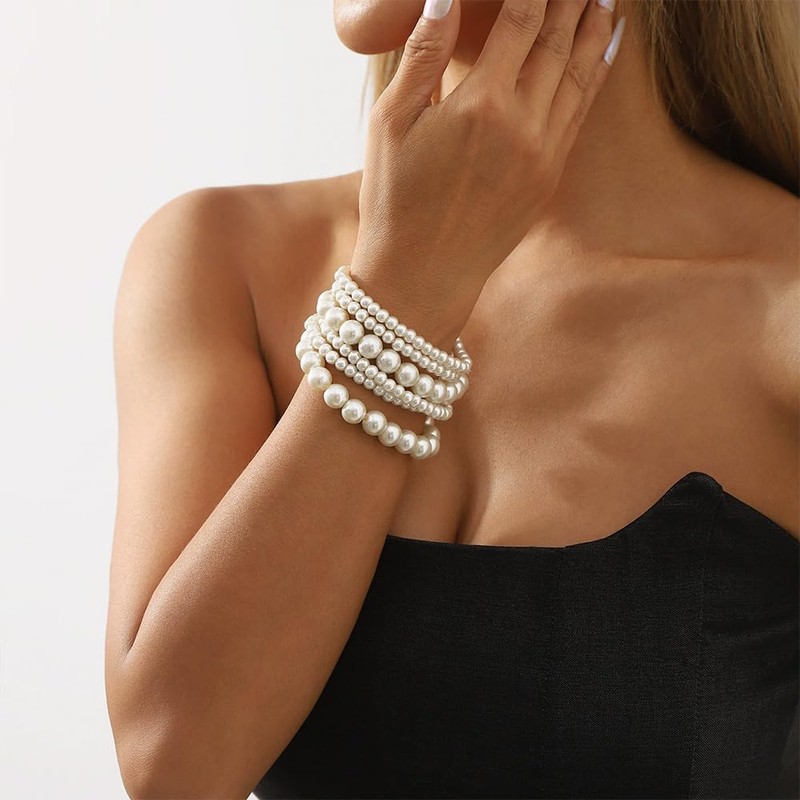 AllJunction 6pcs Multilayer Faux White Pearl Stretch Bracelets Set for