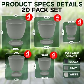Campior Plastic Plant Pots with Drainage - Home Decor Flower Pot, Stackable Design for Indoor and Outdoor Use, Lightweight and Sturdy, Space-Saving, (7”, 6.6”, 6”, 5.3”, 4.8” Inches), Pack of 20, Gray