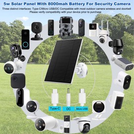 5W Solar Panel with 8000mAh Battery for Security Cameras, 360° Adjustable Bracket, 10FT Cable, 5V/1A Output with Type-C/Micro USB/DC Adapters, Weatherproof for Ring, Reolink,Tapo, Wyze, AOSU 2-Pack