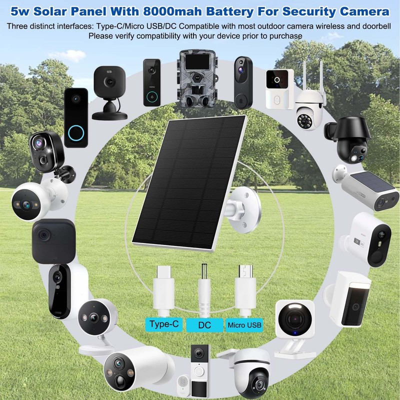 5W Solar Panel with 8000mAh Battery for Security Cameras, 360°