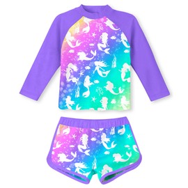 ACOCOPY Bathing Suits for Girls Long Sleeve Mermaid Swimsuits with Shorts 2 Piece Purple Rash Guard Swimwear Sets Size 7-8
