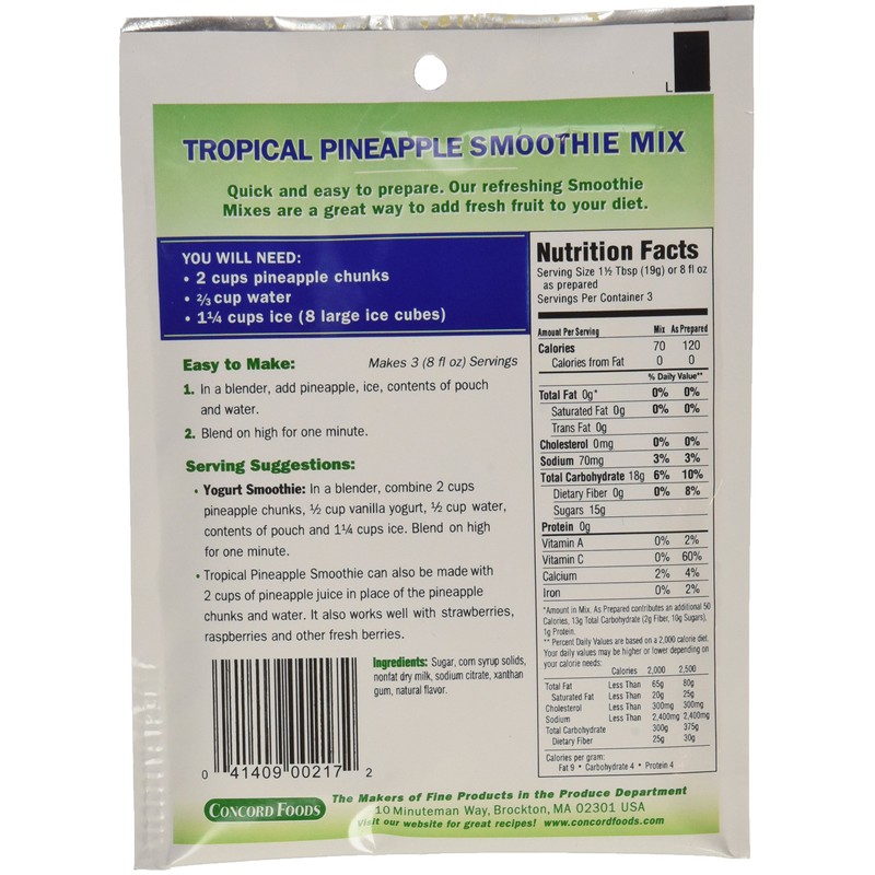 Concord Foods Tropical Pineapple Smoothie Mix, 2-Ounce Pouch (VALUE Pack