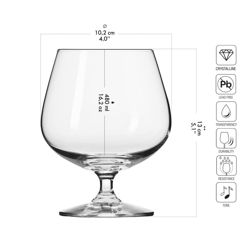 Krosno Brandy Cognac Snifter Glasses, Set of 6, 16.2 oz,