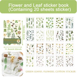 Gpupved Green Leaf Flower Sticker Book 20 Sheets Greenery Stickers for Scrapbook Journal Mini Plant Floral Cotton Sticker Aesthetic Transparent Botanical Decorative Stickers for Crafts DIY Wedding
